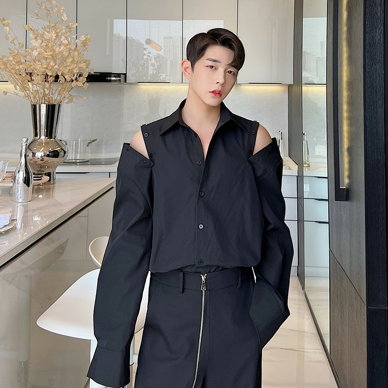 春夏镂空露肩小心机长袖衬衫男禁欲系气质纯色衬衣轻奢廓形两穿潮