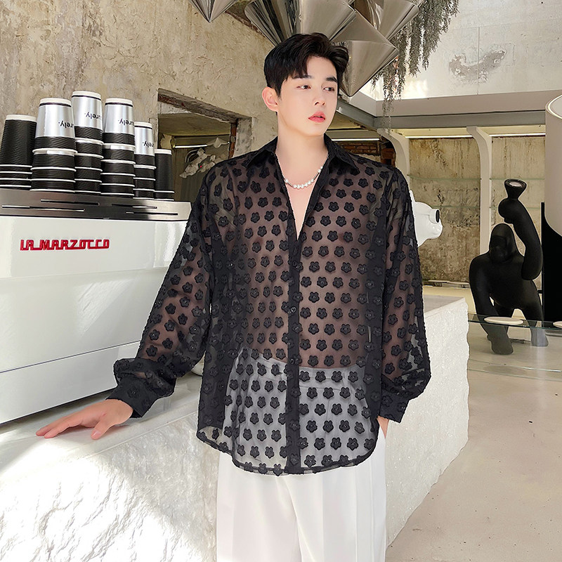 夏季小众性感半透明雪纺衬衫男时尚潮流个性轻薄防晒衣服痞帅网红