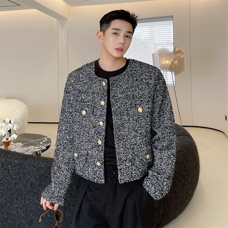 网红抖音同款编织粗花呢圆领复古格纹休闲小香风外套男短款秋冬款