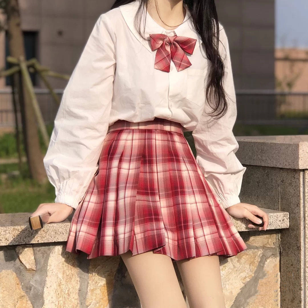 现货【草莓可爱多】红格jk制服裙 正统日系高腰格裙百褶裙 送领结