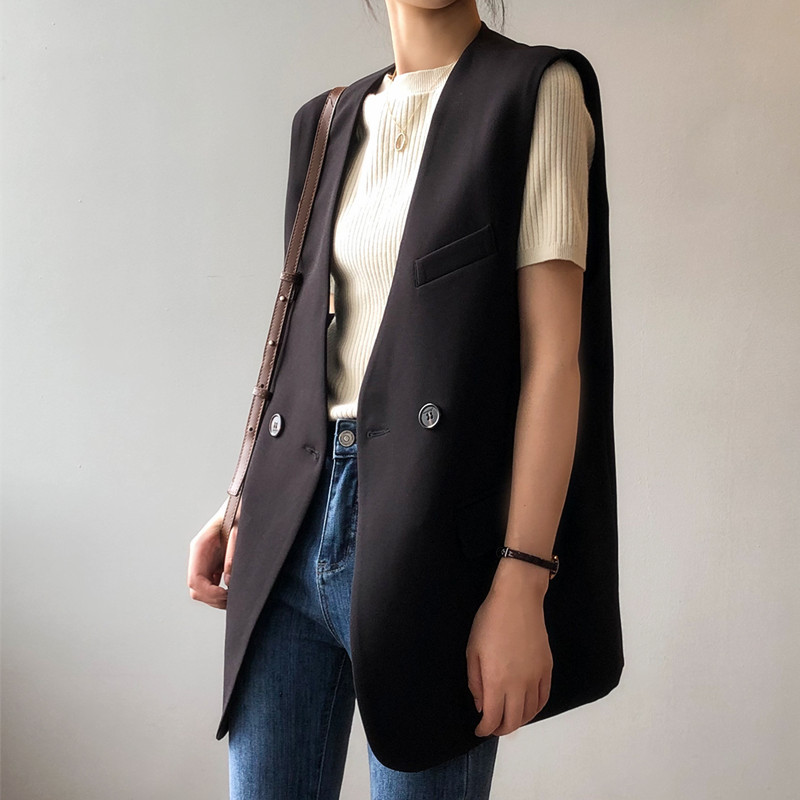 韩版西装马甲女春秋中长款复古背心外搭无袖坎肩法式薄款马夹外套