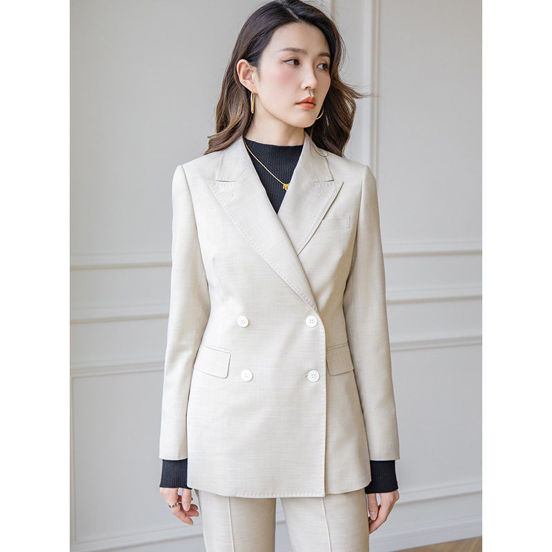 领美欧范高端职业西服套装女修身双排扣正装米白职业西装外套2022
