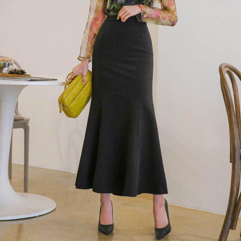 2020秋冬款时尚高腰鱼尾裙女显瘦修身黑色包臀裙优雅半身大摆长裙