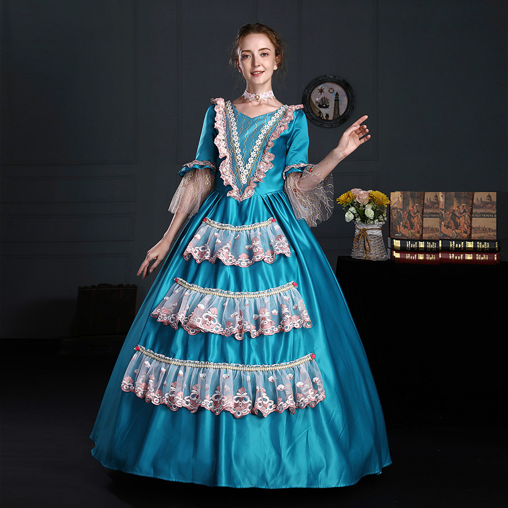 欧洲贵族小姐宫廷服艺考蓝色蕾丝长裙话剧影楼主持人晚会舞台礼服