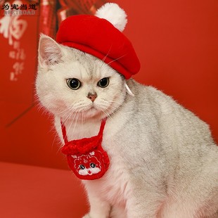 猫咪新年喜庆帽子项圈围兜狗狗饰品衣服装扮宠物八角帽围巾围脖