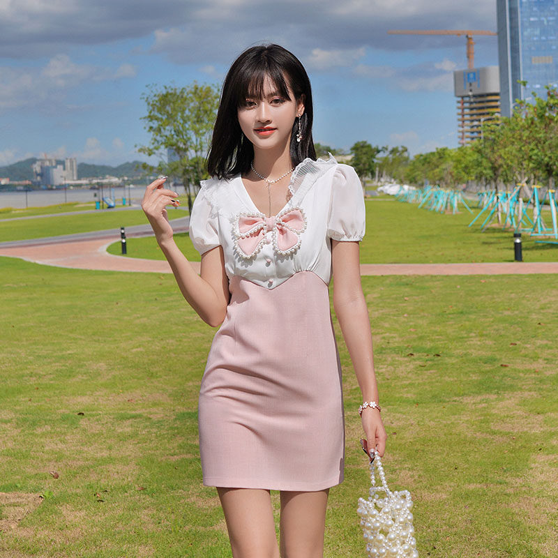 atar亏本清货 淑女通勤ol雪纺荷叶边拼接连衣裙订珠假两件短裙子