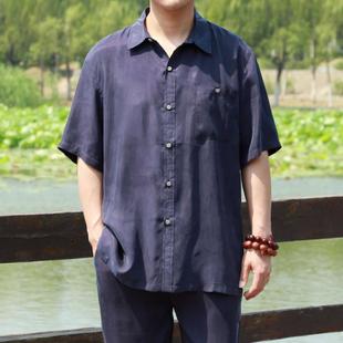 夏中老年男士真丝上衣爸爸短袖开衫桑蚕丝唐装男铜氨丝男半袖衬衫