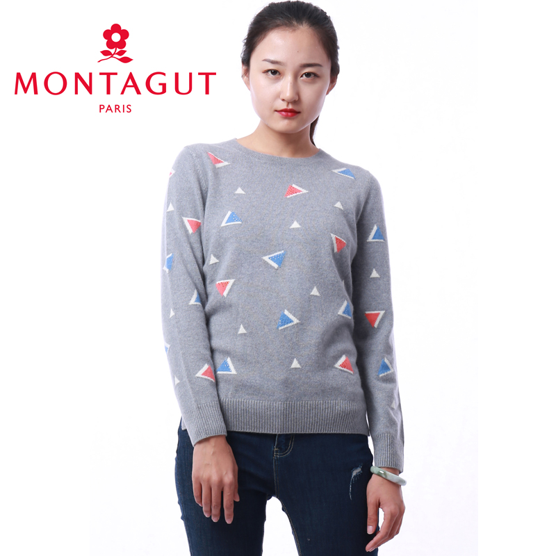 梦特娇秋冬新款羊绒衫女圆领套头毛衫短款修身打底毛衣女rm71219