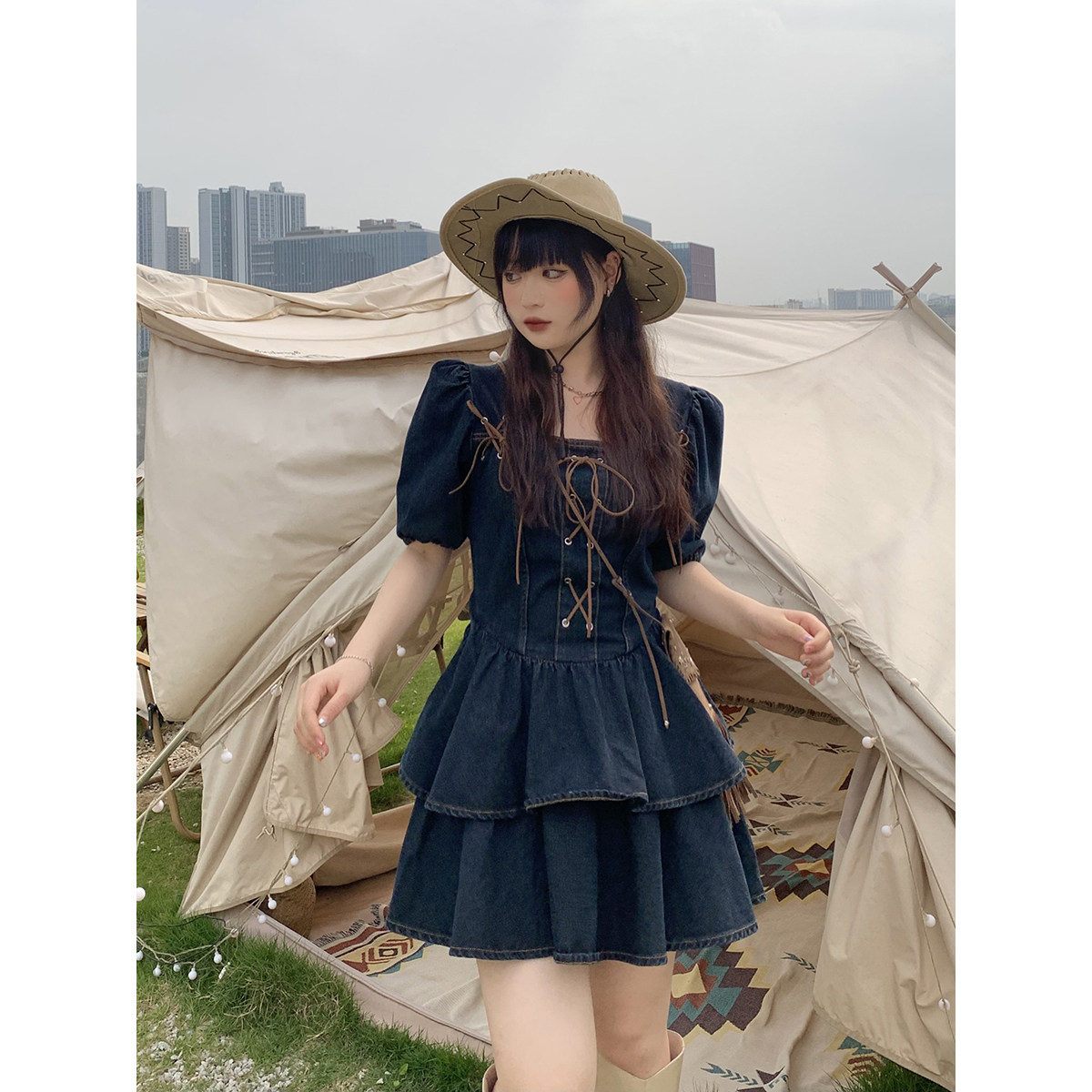 安妮不火 复古牛仔蛋糕裙女收腰2022夏季新款微胖裙子显瘦连衣裙