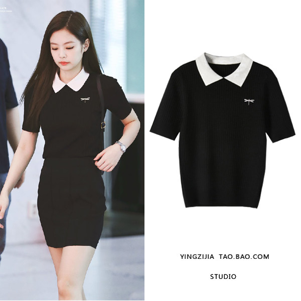 blackpink衣服jennie金智妮同款黑色娃娃领短袖t恤减龄针织衫上衣