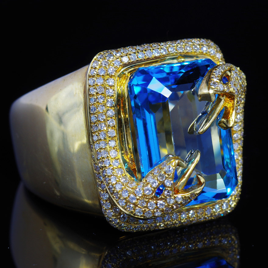 视频实拍16.33ct瑞士蓝托帕石18k黄金天然真钻蓝宝石点睛富贵戒