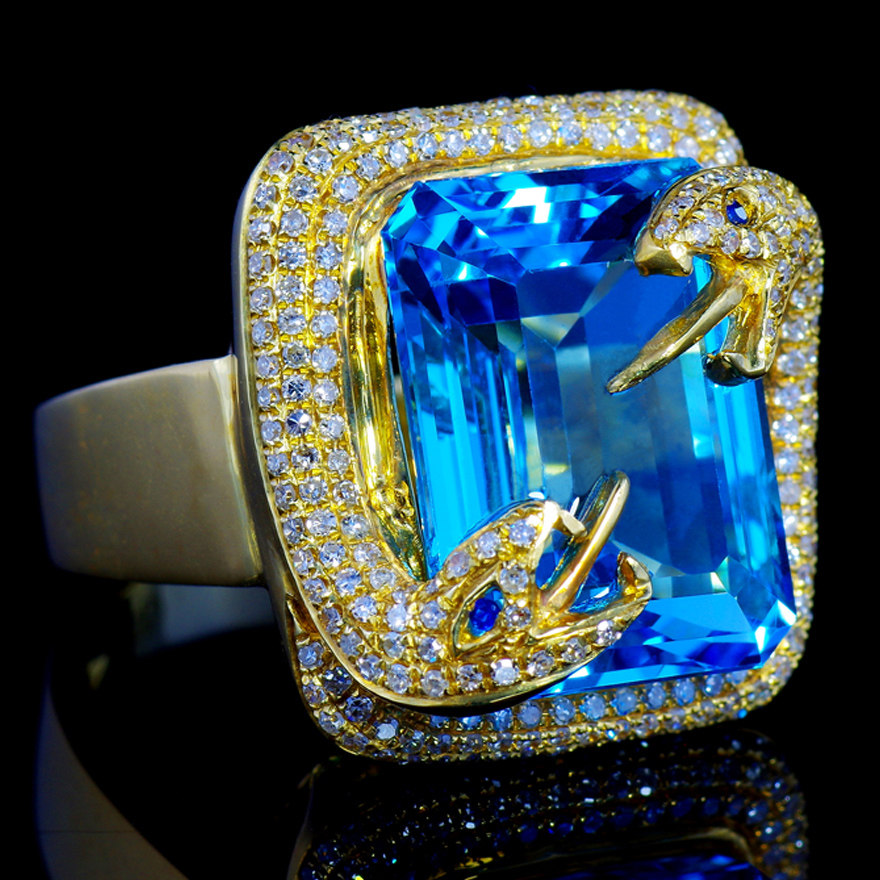 视频实拍14.3克瑞士蓝托帕石18k黄金天然真钻蓝宝石点睛富贵戒