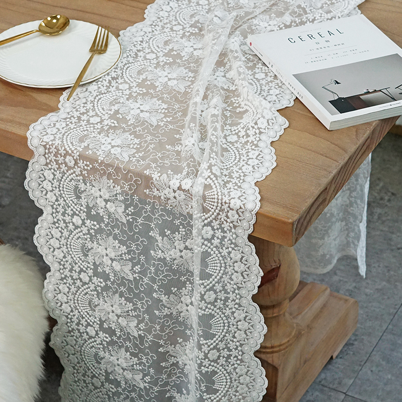 法式蕾丝桌旗复古网纱刺绣餐桌布电视柜钢琴盖布装饰茶几白色盖巾