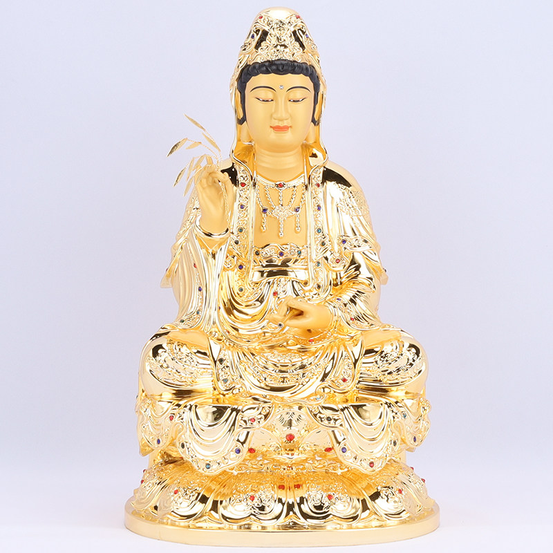 坐莲观音菩萨家用供奉观音佛像纯铜鎏金观世音像娑婆三圣神像摆件