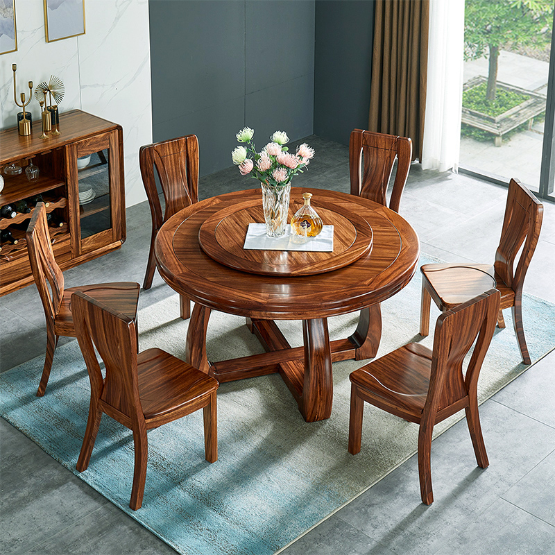 餐厅全实木家具吃饭圆餐桌全实木餐桌椅进口乌金木圆桌椅组合套装