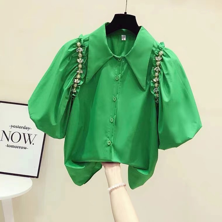 PF14366# 镶钻链条装饰时尚不规则开叉褶皱泡泡袖单排扣衬衫