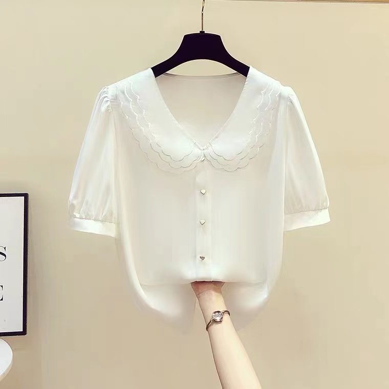 PF14365# 夏季新款白色雪纺衫短袖气质淑女娃娃领上衣网纱拼接洋气小衫