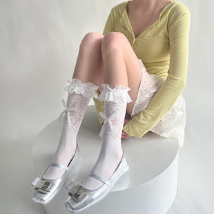 洛丽塔白色小腿袜蕾丝花边蝴蝶结春夏薄款短袜日系堆堆袜jk中筒袜
