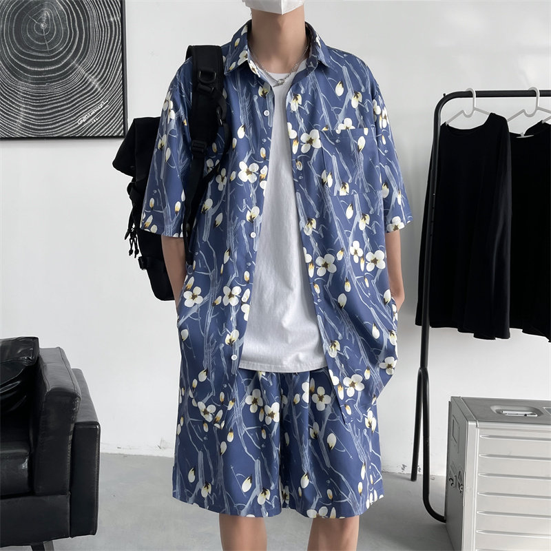 夏装花朵印花短裤短袖衬衫休闲套装沙滩裤两件套tz27p60