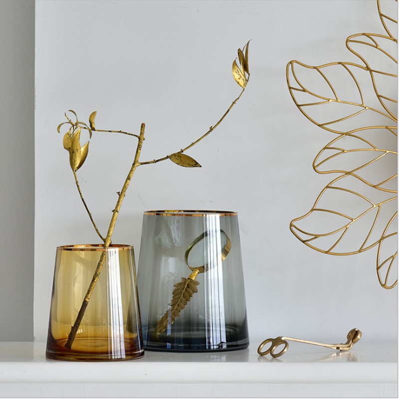 北欧时尚金边透明玻璃彩花瓶摆件现代客厅插花色家居装饰水培花器