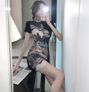 Vintage print cut-out buttock sexy cheongsam dress