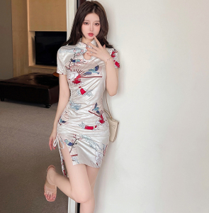 Sweet drawstring temperament excellent slim wrap hip cheongsam dress