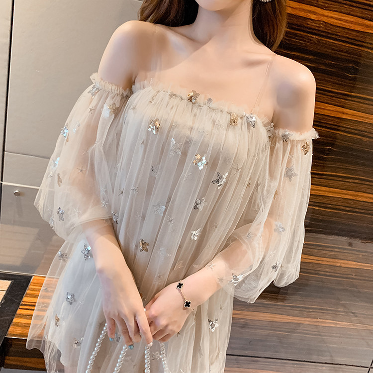 实拍控价 5 新款性感一字肩甜美少女网纱抹胸连衣裙872