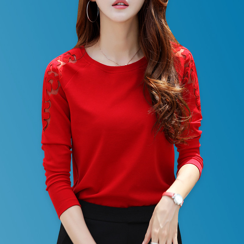 纯棉长袖t恤女春季2022新款红色新年刺绣显瘦休闲镂空圆领打底衫