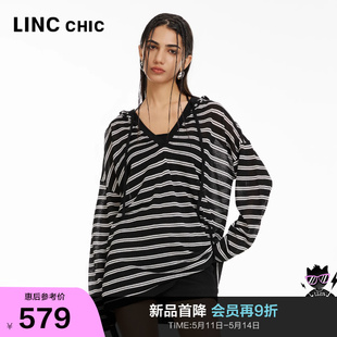 LINCCHIC金羽杰2024年夏季新品薄透连帽条纹防晒针织衫女SW448Y