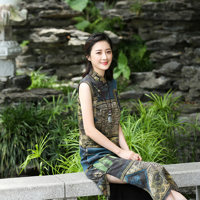 遥远的海 秋水谣原创 重缎真丝香云纱无袖旗袍