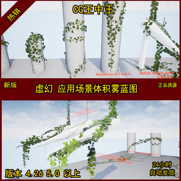 CG王中王虚幻5自动生成藤曼绿植爬墙虎花草环绕缠绕蓝图UE5素材