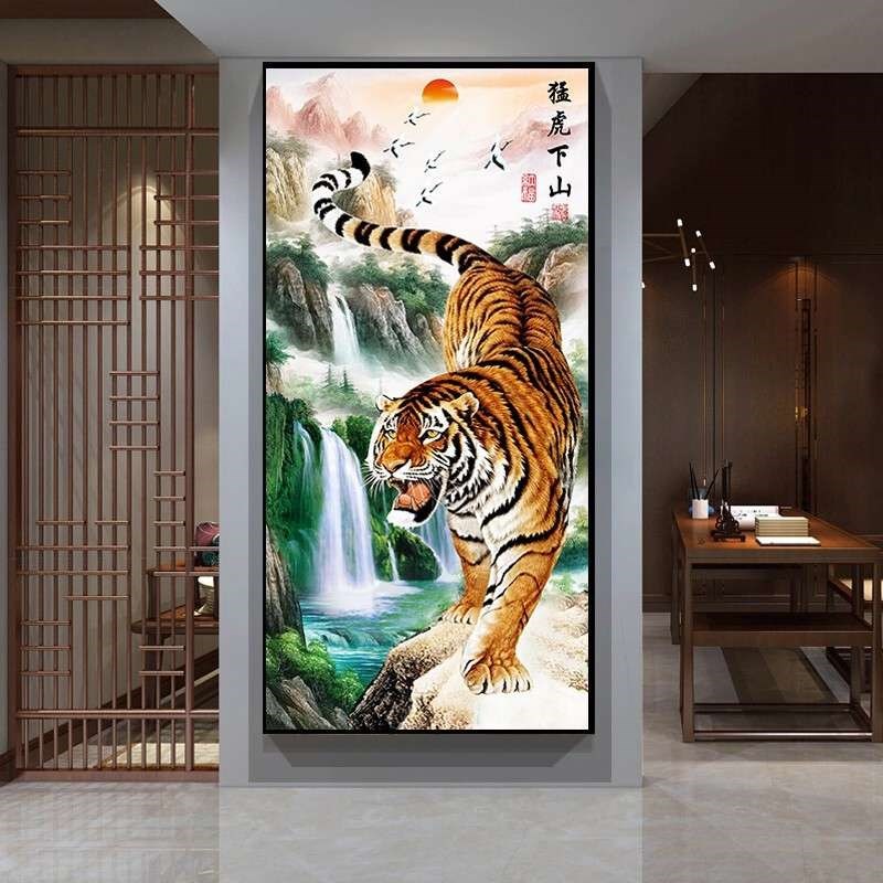 手工十字绣成品猛虎下山虎风风景山水画新款现代简约