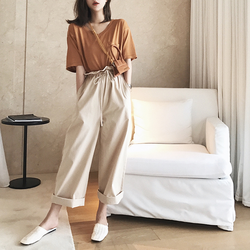 钱夫人CHINSTUDIO 复古温柔风高腰阔腿裤女夏九分裤卷边花苞裤子