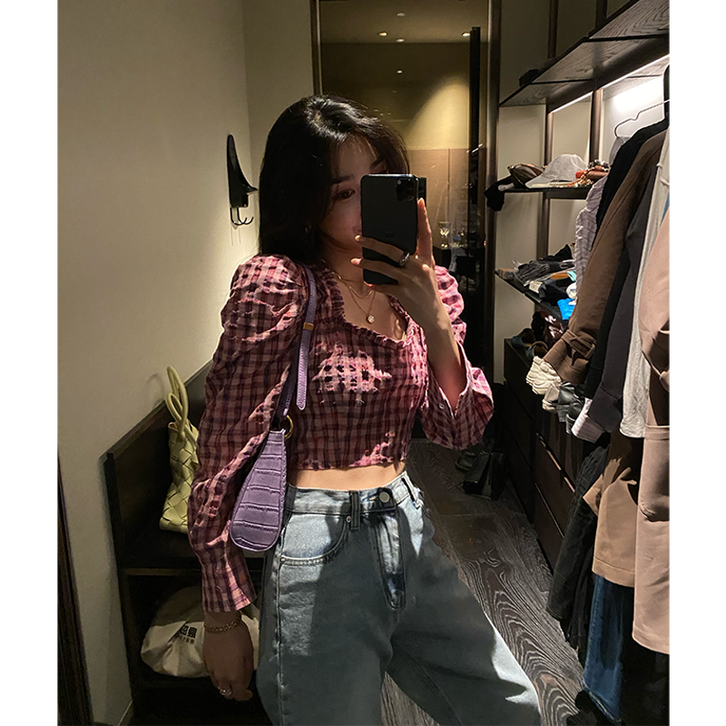 Plaid shirt female 2020 new pattern Spring and summer Versatile Ultrashort money Korean Edition Pink Show thin Long sleeve puff sleeve jacketin the Women's clothing/Boutique , Shirt category - from Buy2taobao.com to provide professional Taobao agent buy service