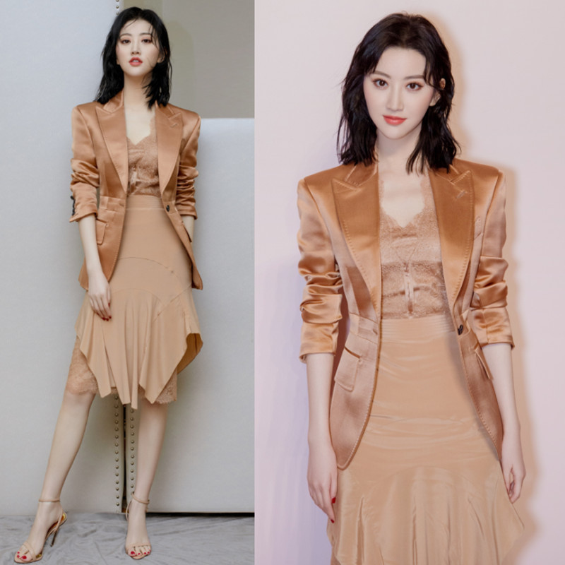 景甜明星同款西装套装女背心蕾丝连衣裙秋装小西服外套职业三件套