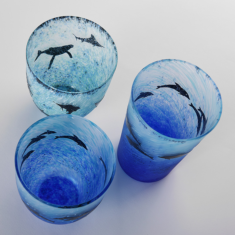 日本进口绝版月夜野工房纯手工彩色磨砂玻璃海豚水杯结婚贺寿礼品