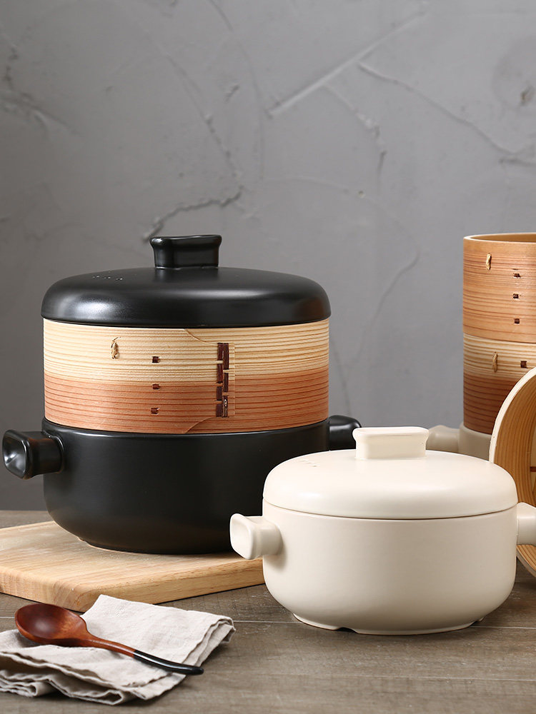 日式陶瓷蒸笼锅炖锅双层蒸锅家用燃气明火专用耐高温蒸煮砂锅沙锅