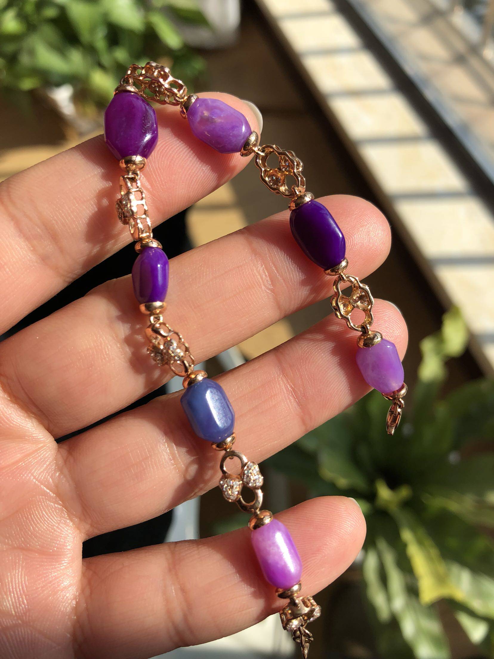 老矿舒俱来手链18k金镶嵌糖果星际蓝帝王紫樱花粉果冻冰透