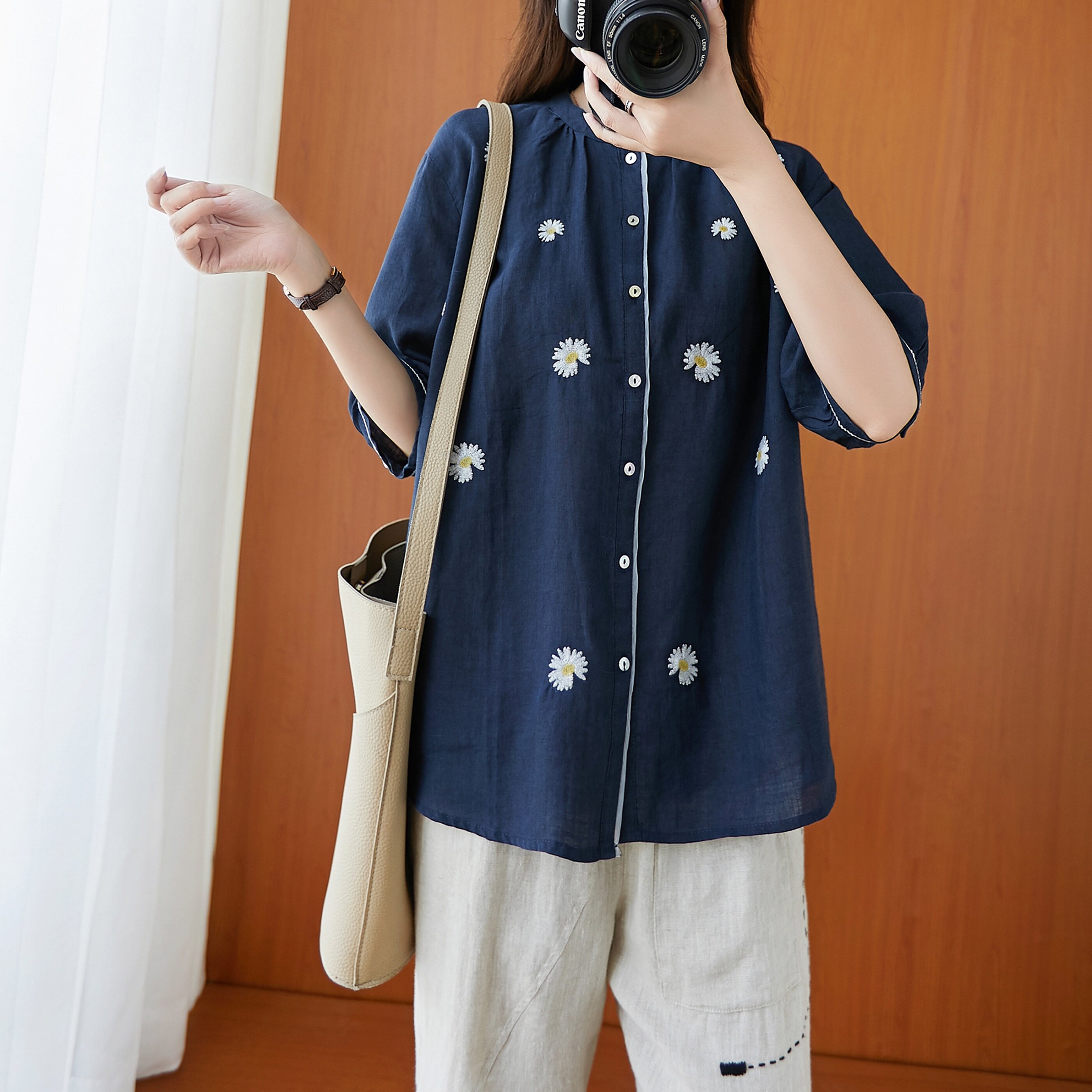 亚麻女装上衣立领小雏菊碎花宽松复古中袖棉麻衬衫女新款2021年春