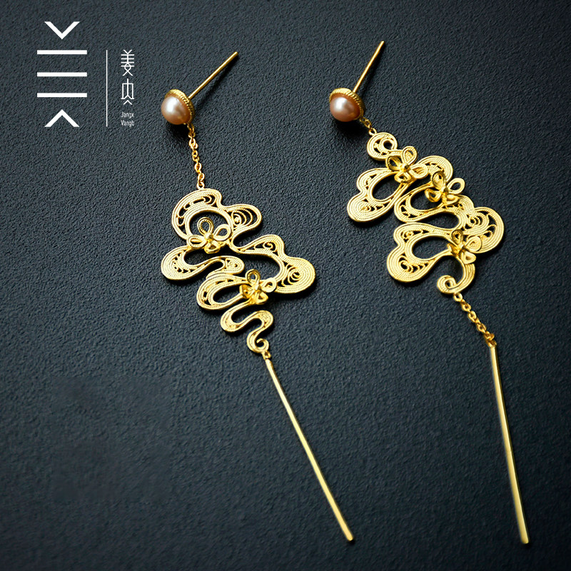 姜央原创月桂鎏24k金耳坠花丝手工原创花神国风饰品耳环999银