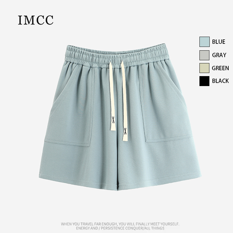 IMCC设计感小众珠地棉口袋阔腿短裤女高腰宽松运动热裤百搭四分裤