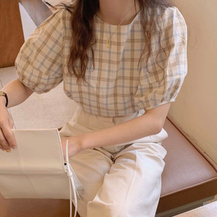 夏季女装韩版批新款发休闲泡泡短袖格子衬衣清新宽松显瘦学生衬衫