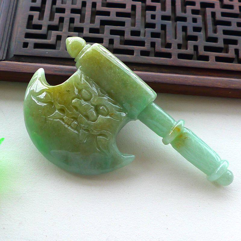 天然缅甸a货翡翠老坑冰糯种双彩斧头36.79挂件g