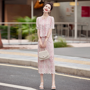 小香风套装2024新款爆款高级感粉色蕾丝法式套裙女夏季气质半身裙