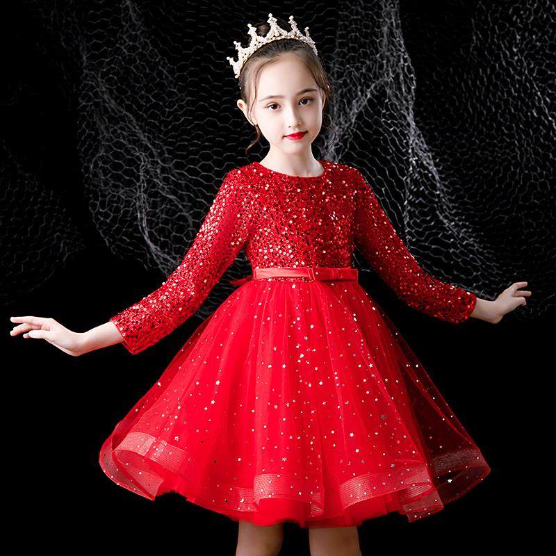 女童红色公主裙蓬蓬裙儿童主持人花童婚纱裙晚礼服生日钢琴演出服