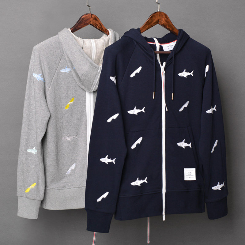 鲨鱼卫衣_鲨鱼刺绣前后双拉链tb thom连帽男卫衣时尚潮牌加大码纯棉