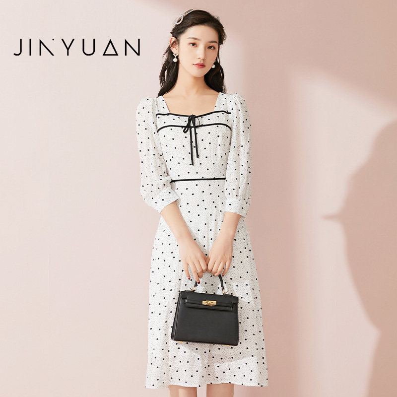 金苑小众法式波点连衣裙春季新款修身方领雪纺裙子g211113