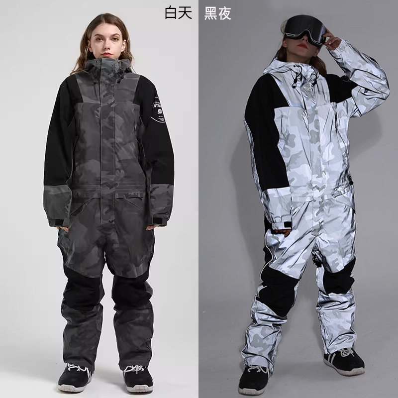 gsousnow滑雪服女套装荧光迷彩防水透气保暖夜场单双板连体雪服男