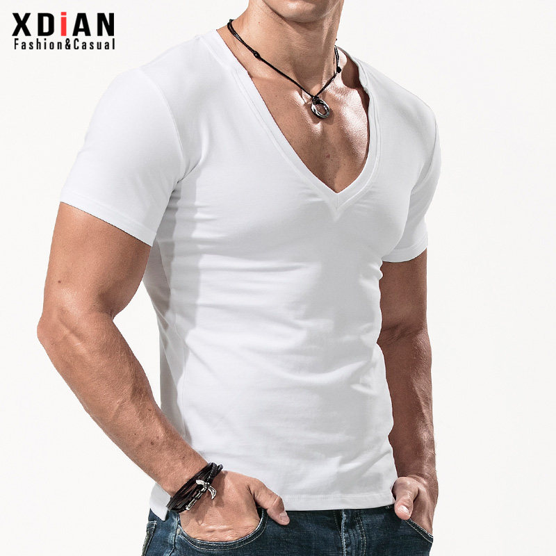 大v领紧身短袖t恤男纯棉修身低领打底衫男深v上衣半袖夏季潮流