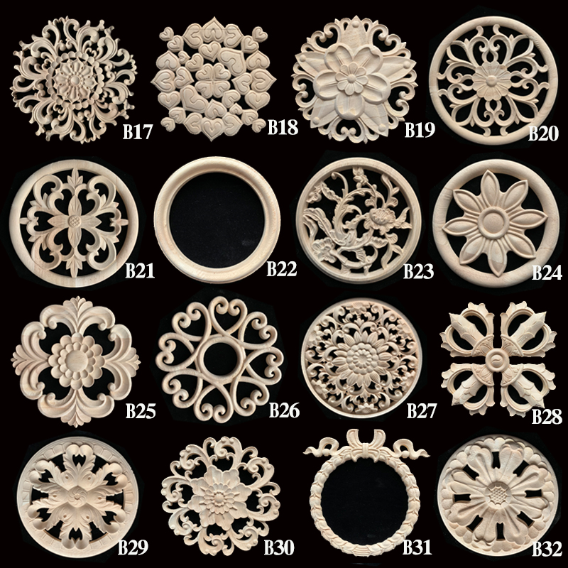 实木贴花东阳木雕背景墙家具厨柜门心装饰镂空圆形欧式雕花片木花
